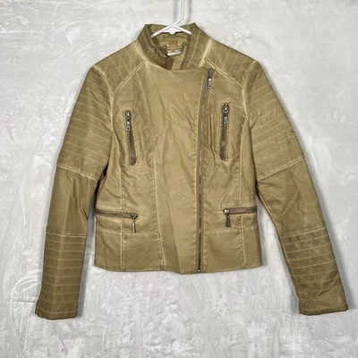 Chaqueta de Moto JouJou Gruesa Imitación Cuero Beige PEQUEÑA Cremallera Aspecto Vintage Foto 1 de 4