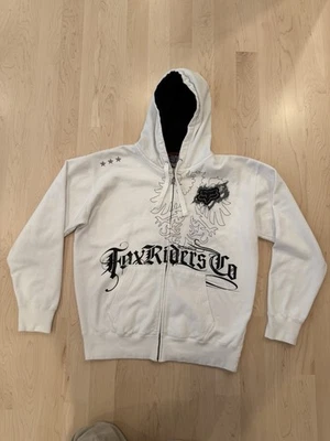 复古 Y2K Fox 摩托车越野连帽衫男式 XXL 全拉链垃圾桶白色 — 第 1/4 张图片