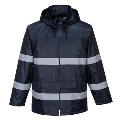 Men's Hi Vis Waterproof Hooded Classic Iona Reflective Rain Jacket Medium Navy - Image 1 of 4
