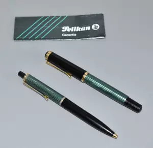Pelikan Schreibset Kolbenfüller Kugelschreiber 585er Goldfeder Schwarz/Grün #D5 - Picture 1 of 11