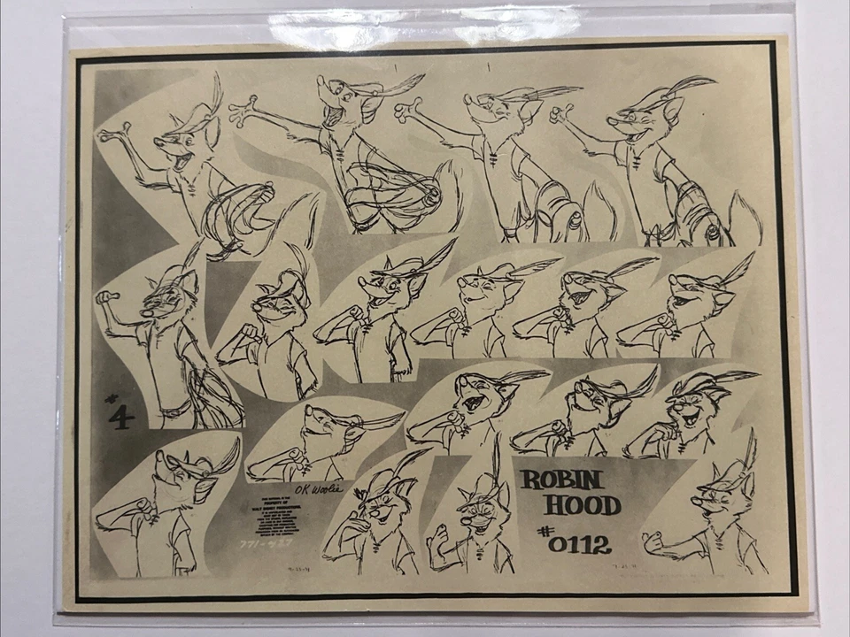Pequeña Animación WALT DISNEY ROBIN HOOD #4 1973 HOJA MODELO PRODUCCIÓN ORIGINAL Foto 1 de 1