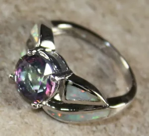 Anello ARGENTO elegante bianco opale di fuoco e topazio arcobaleno misura 8, WR40201 - Foto 1 di 3