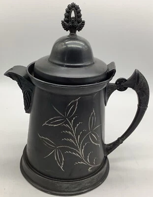 "Jarra victoriana cuádruple placa plateada mango grabado búho caño peltre 12,5""" Foto 1 de 4