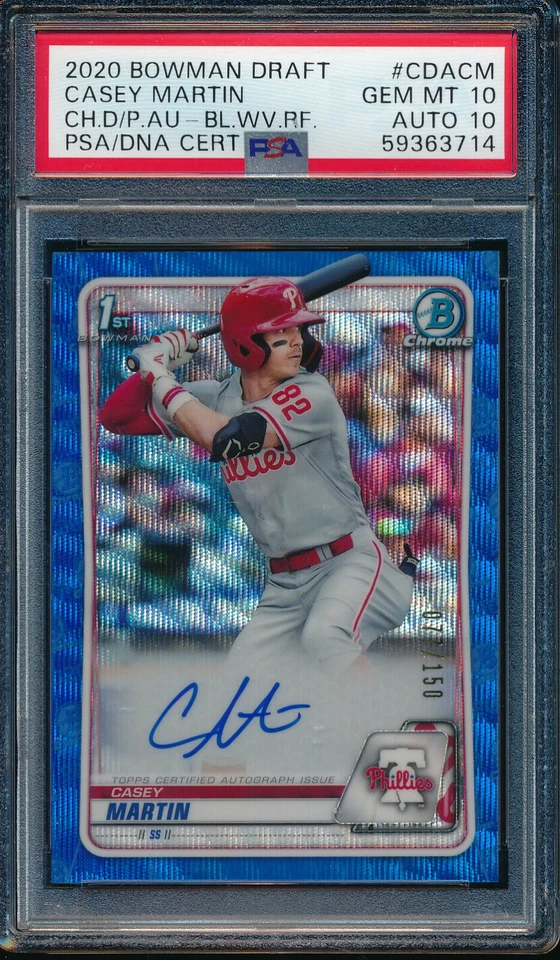PSA 10/10 CASEY MARTIN AUTO 2020 Bowman Chrome BLUE WAVE REFRACTOR /150 GEM MINT - Image 1 of 1