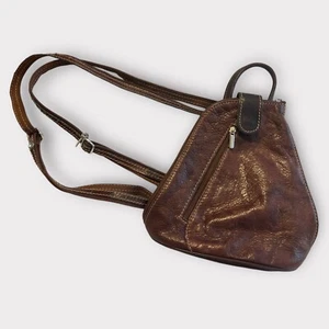 Unisex Mini Back Pack Crossbody Backpack Brown Soft Pebbled Leather Pocket Italo - Picture 1 of 8