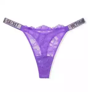 Victoria's Secret SHINE STRAP PANTY Rhinestone Thong VS Logo Purple Lace S NWT - Picture 1 of 2
