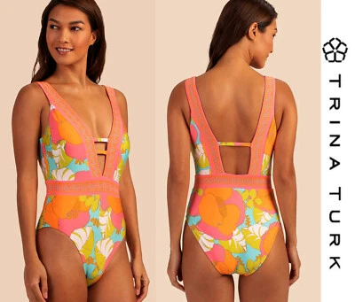 162 美元全新带标签 TRINA TURK Playa De Flor Plunge Maillot 海贼王泳装 8 码 — 第 1/4 张图片