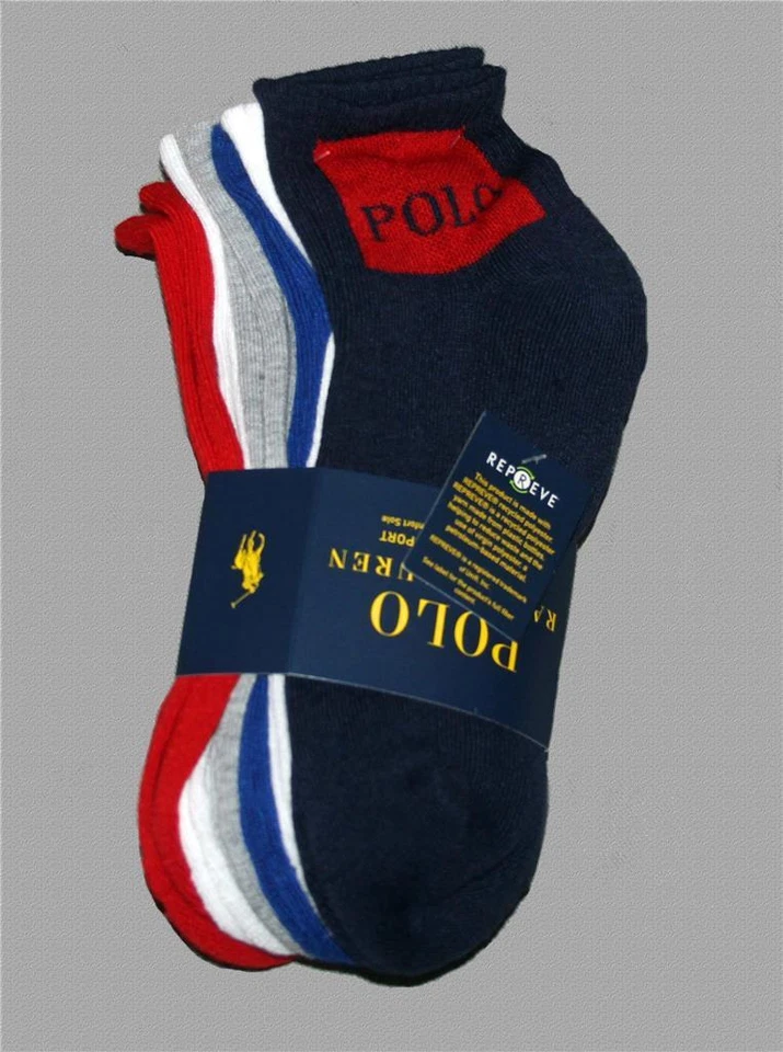 Meias 6 PR Ralph Lauren Sport grossas 1/4 vermelho branco azul cinza logotipo grande novas com etiquetas $29 - Imagem 1 de 1