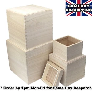 Wooden CUBE Square Box with Lift off Lid - choice of 4 sizes - keepsake storage - Picture 1 of 8