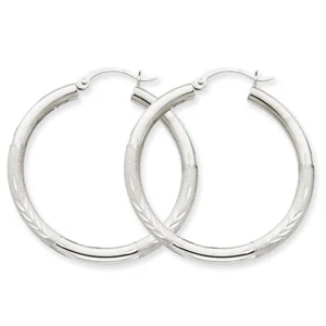 10k White Gold Satin & D/C 3mm Round Hoop Earrings 10TC275 - Picture 1 of 1