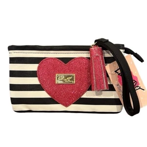 Neu mit Etikett Luv Betsey Johnson Kalbsleder Geldbörse schwarz/weiß gestreift pink GLITZER Herz - Bild 1 von 4