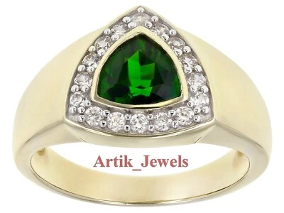 Lab Created Green Tourmaline &CZ With 14K Gold Plated Silver Ring for Men's #723 - image 1 of 4