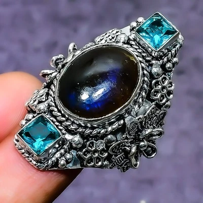 Anillo de plata de ley 925 hecho a mano con piedras preciosas de topacio azul labradorita talla 8,5 p907 Foto 1 de 3