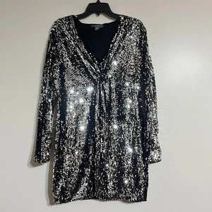 Primark Damenkleid Allover Pailletten schwarz & silber Langarm Größe Large - Bild 1 von 8