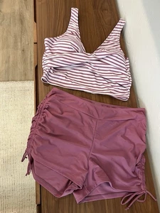 Damen SHEIN Zweiteiler Badeanzug Gr. XL Rose Gestreift Oberteil Einfarbig Rose Unterteil - Bild 1 von 10