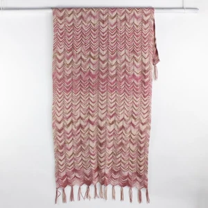 Handmade Pink and Brown Knit Throw Blanket with Fringe 47" x 85" - Picture 1 of 5