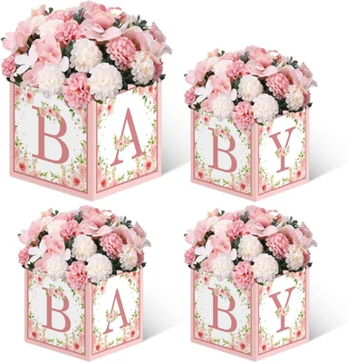 Cajas de baby shower rosa decoraciones - 4 cajas de centro de mesa de baby shower género Reve Foto 1 de 4