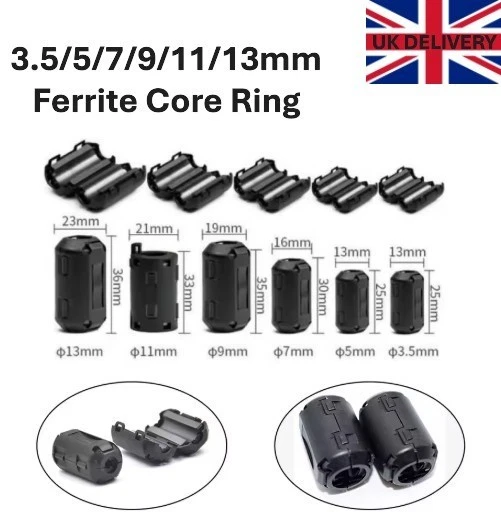 3.5-13mm Ring Core Ferrite Cable Clips EMI RFI Noise Bead Filter Cable Clip UK - Image 1 of 4