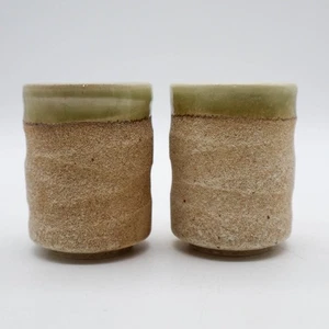 2 Mino Ware Japanese Pottery Yunomi Tea Cups Japan Jade Green & Sand Glaze - Picture 1 of 6