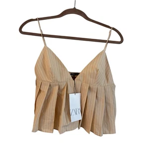 Zara Women’s Cotton Pleated Spaghetti Strap Crop Top Beige/Pink Size M NWT - Picture 1 of 6