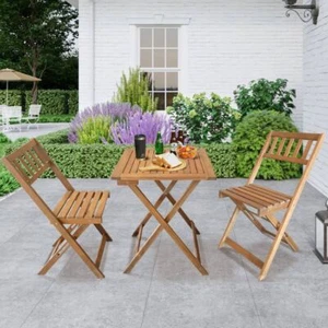 3 Piece Bistro Set Acacia Wood Outdoor Furniture Folding Patio Table & Chairs - Picture 1 of 7