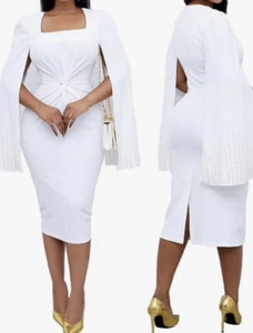Mujer Capa Alta Split Capa Manga Larga Bodycon Talla Mediana Blanco Midi Vestidos - Imagen 1 de 4