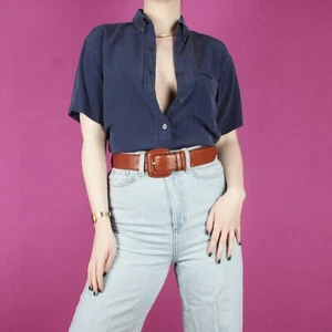 VINTAGE 80s 90s button Womens navy blue Ladies Silk Blouse Shirt Top small 8 10 - Picture 1 of 11