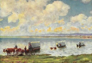 R. Atkinson Fox, Covered Wagons Cows Horses River, 10"x7" Sample Print Vintage - Picture 1 of 4