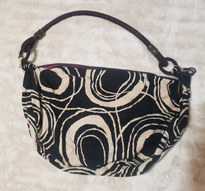 Vecchia borsa da trasporto blu navy nero bianco tessuto rosa linea interna borsetta borsetta 24" x 14" - Foto 1 di 11
