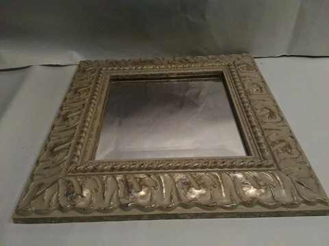 L40 Very Heavy 13"  Beveled Mirror~Wall Hanging~Grey w Gold/Silver Wash~GUC Cover