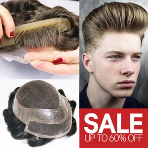 Mens Toupee BIOLOGICAL SCALP Skin PU Bald REMY Human Hair Piece Patch System - Picture 1 of 86