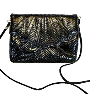 Vintage Purse Crossbody Evening Bag Retro Black Snakeskin Obsession 10" x 7" - Picture 1 of 5