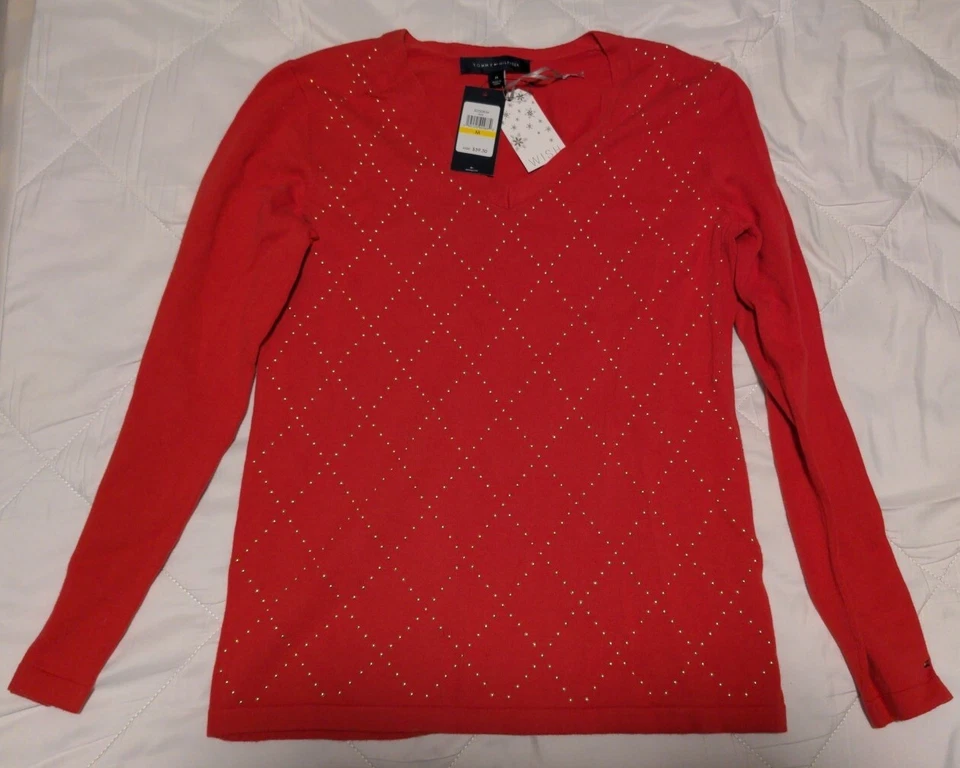 Tommy Hilfiger Logo Women Red Argyle 1 Row Gold Stud Cotton V-neck Sweater M