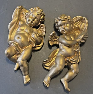 Juego (2) De Colección Homco Angel Querubines 10" Victoriano Pared Dorada Hollywood Regency - Imagen 1 de 8