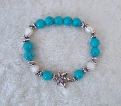Turquoise & White Imitation Pearl Leaf Bead 7 '' Bracelets, Handmade In Gift Bag - Image 1 of 2