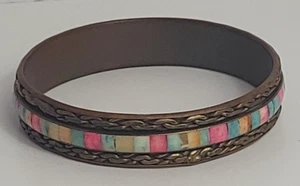 Bangle Bracelet Enamel Multicolor Squares In Brass With Chain Pattern India - Picture 1 of 5