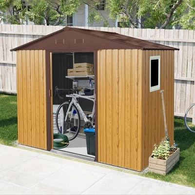8x4 FT Outdoor Metal Storage Shed with Window and Lockable Door for Garden Brown - Image 1 of 4