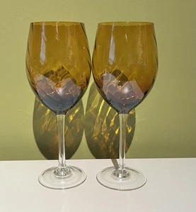 Vintage Amber Optic Swirl Clear Base Wine Glasses Set Of 2 Handblown Brown - Picture 1 of 6