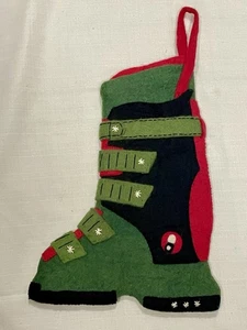 Handmade Thick Wool Felt Finished/Complete Ski Rustic Christmas Green Stocking - Picture 1 of 11