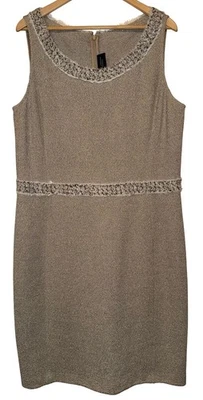 Vestido Vaina Tejido Lana St. John Couture Talla 16 Lentejuelas Neutras Borde Seda Beige Foto 1 de 4