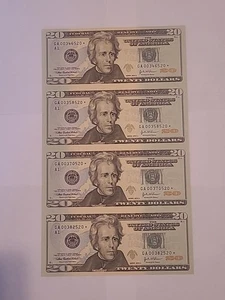 2004 $20 Star Notes Uncut Sheet of 4, Crisp Uncirculated! Lower S/N! - Picture 1 of 2