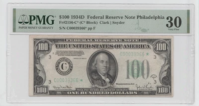 1934D STAR $100 Federal Reserve Note - Graded 30, FR #2156-C STAR - Image 1 of 2