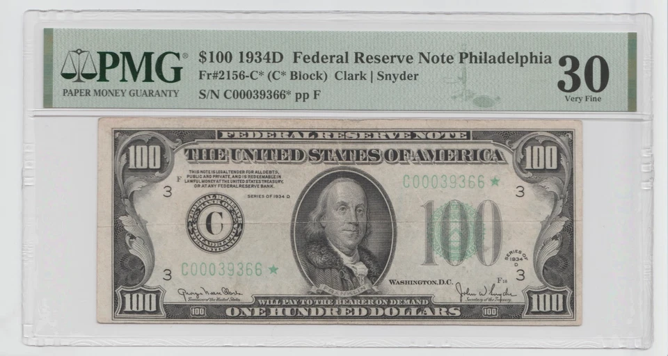 1934D STAR $100 Federal Reserve Note - Graded 30, FR #2156-C STAR - Image 1 of 2