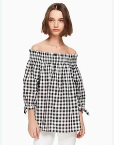 Top Kate Spade mediano fuera del hombro guinga a cuadros negro manga 3/4 - Imagen 1 de 6