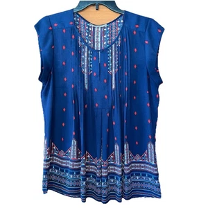 Daniel Rainn Navy Geometric Tunic Shirt Split Neck Blouse Boho Medium - Picture 1 of 7