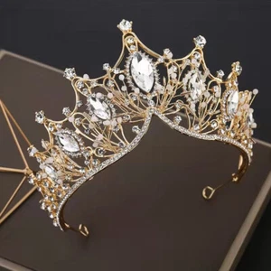 1 Set Baroque Gold Crystal Crown Necklace Princess Tiara Headband Queen Jewerly - Imagen 1 de 11