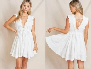 NWT, Small, White Cotton Mini Swing Dress Ruffle Sleeveless, Graduation, Bridal - Picture 1 of 4