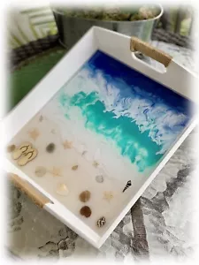 Wood Natural White Finish Serving Tray Ocean Waves with Sand and Shells ST00001 - Picture 1 of 12