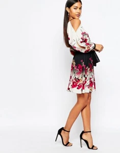 BNWOT Lipsy Cold Shoulder Swing Dress With Belt In Floral Print Size 6 (8) - Picture 1 of 11