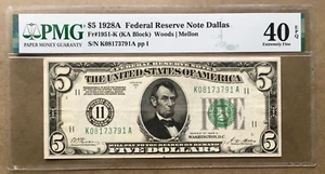 1928A $5 FRN DALLAS FR 1951-K PMG 40EPQ Ser# K 08173791 A - Picture 1 of 3